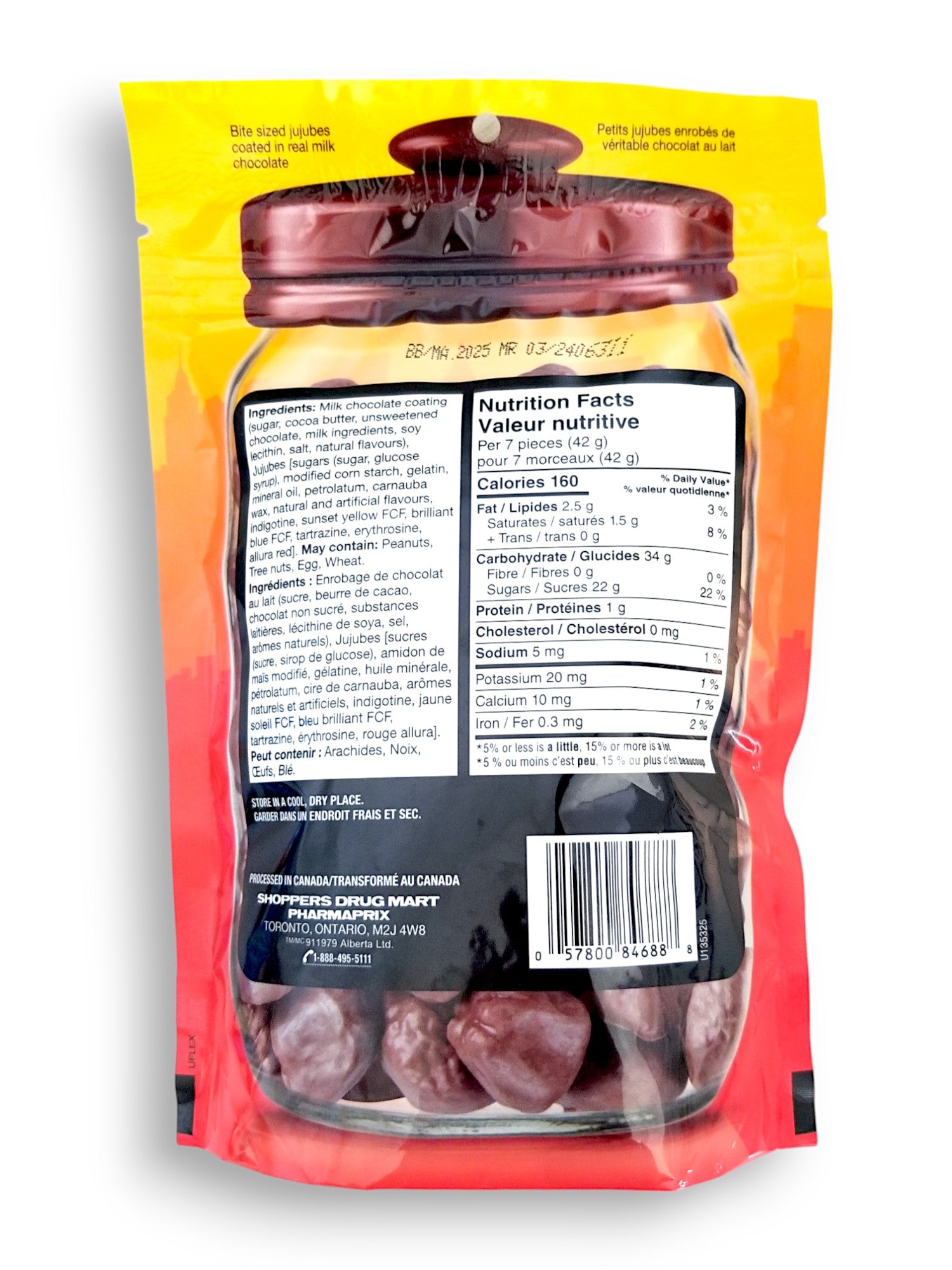 Carnaby Sweet Chocolate Covered Jujubes, 250g, back of bag.