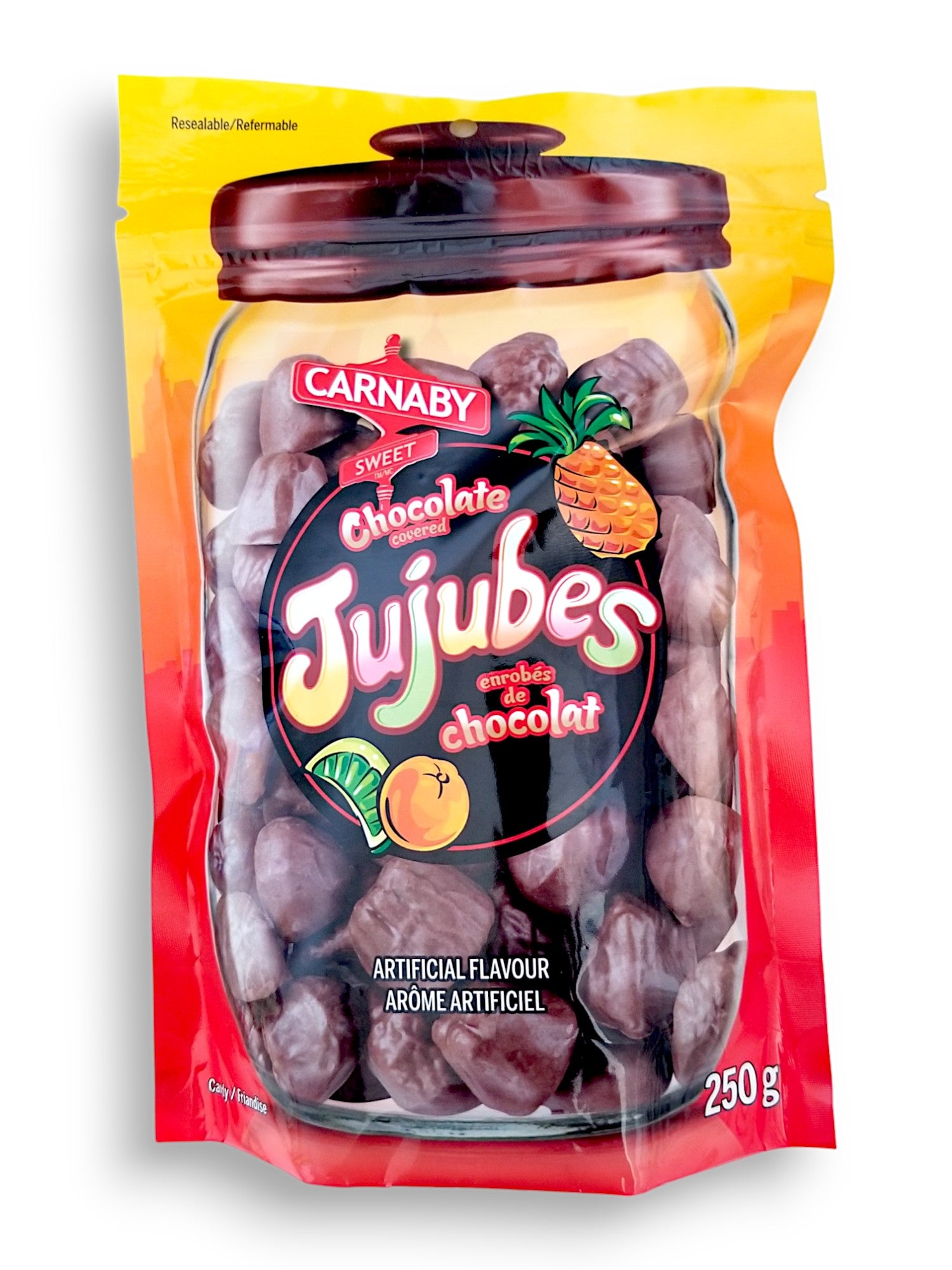 Carnaby Sweet Chocolate Covered Jujubes, 250g, front of bag.