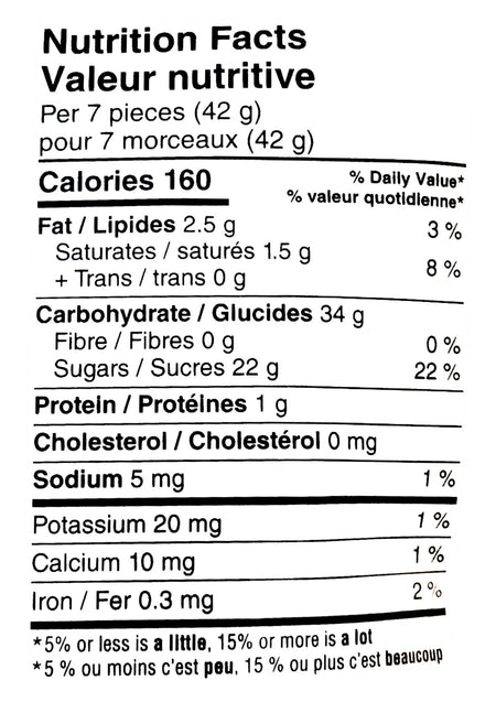 Carnaby Sweet Chocolate Covered Jujubes, 250g, nutrition label.