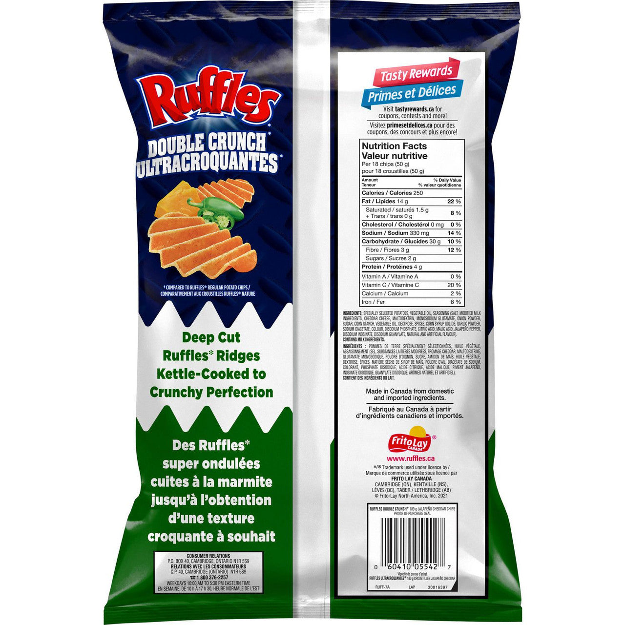 Ruffles Double Crunch Jalapeno Cheddar Potato Chips, 180g/6.3 oz., {Imported from Canada}