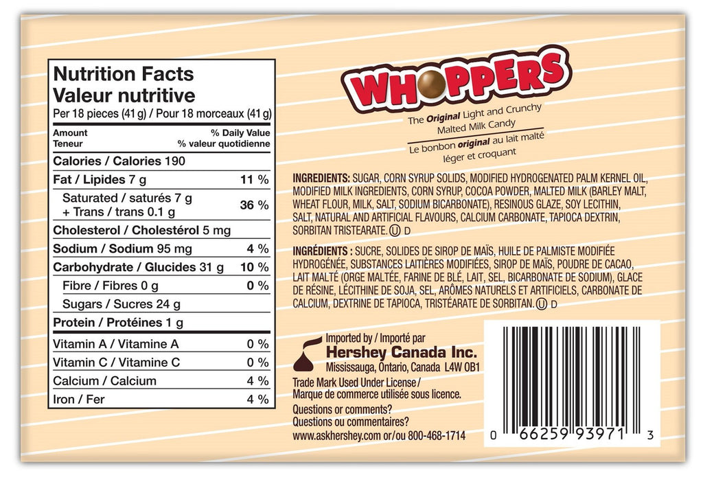 Whoppers, Malted Milk Balls, 113g/3.98oz, Box, (6 pk){Imported from Canada}