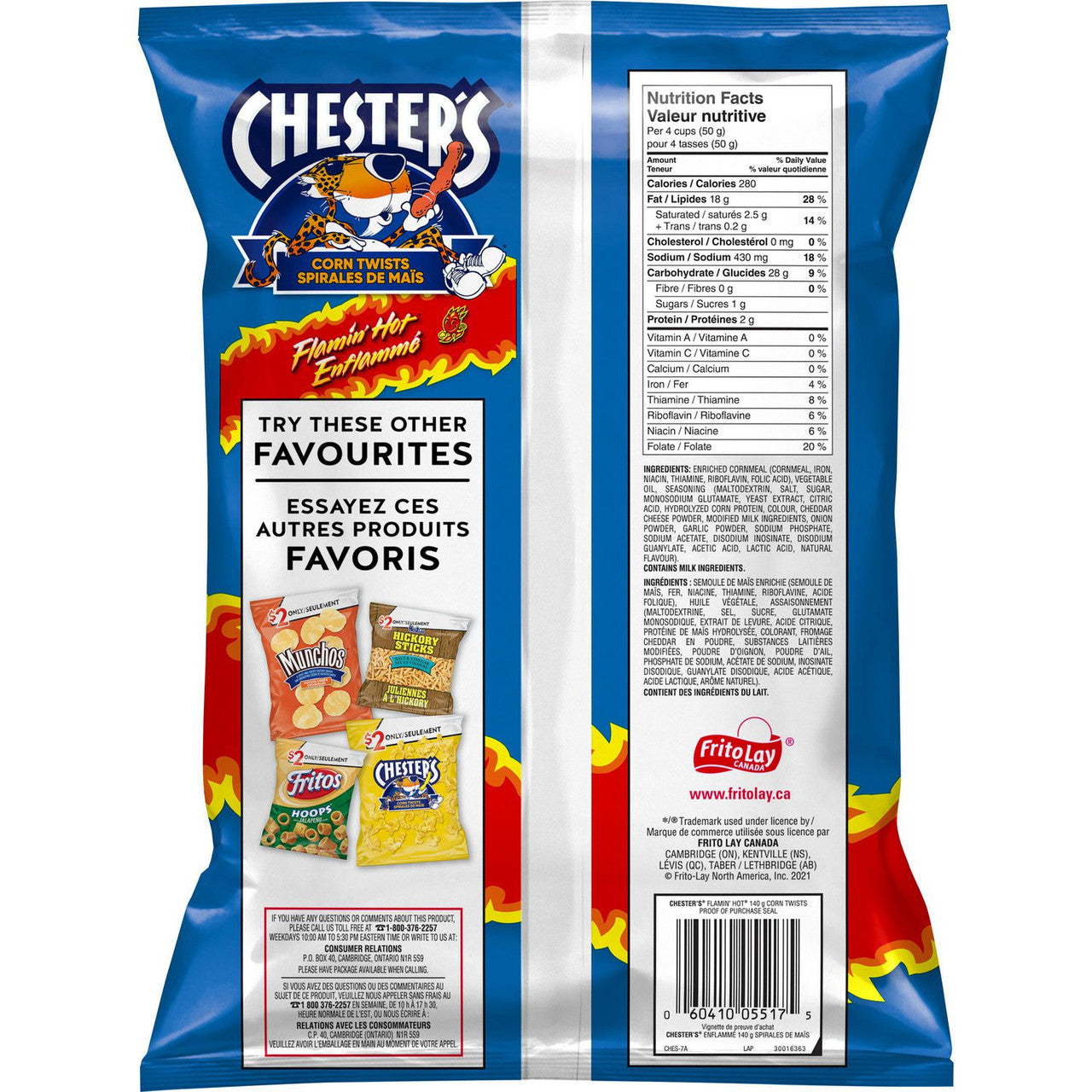Chester's Corn Twists Flamin' Hot Flavored Snack, 140g/4.9 oz. Bag {Imported from Canada}