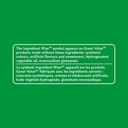 Green background with text about Ingredient Wise symbol on Great Value products
