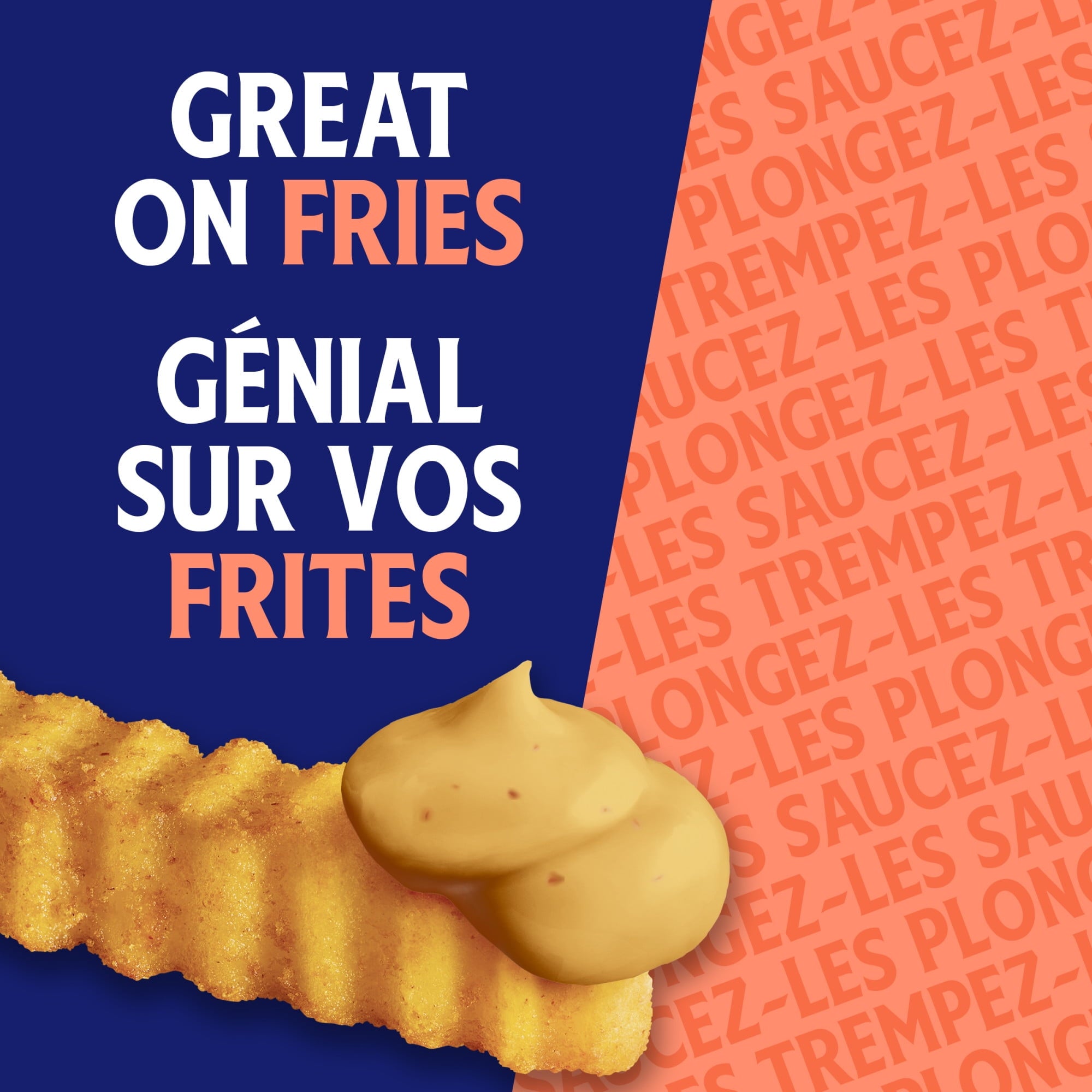 Sauces for fries with text on a blue and orange background