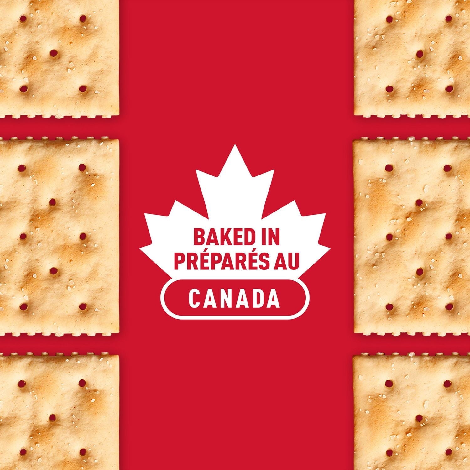 Baked in Canada logo with crackers on a red background