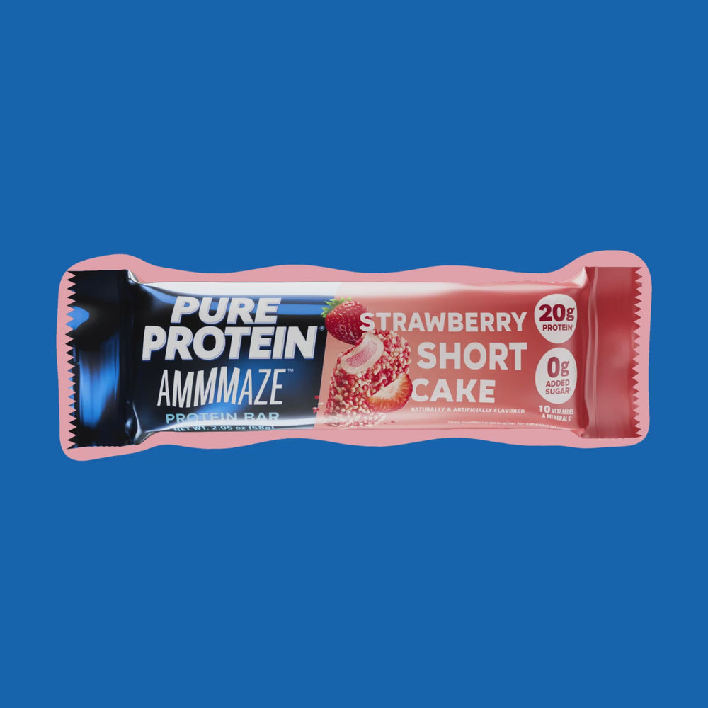 Pure Protein Ammaze Strawberry Short Cake protein bar on a blue background