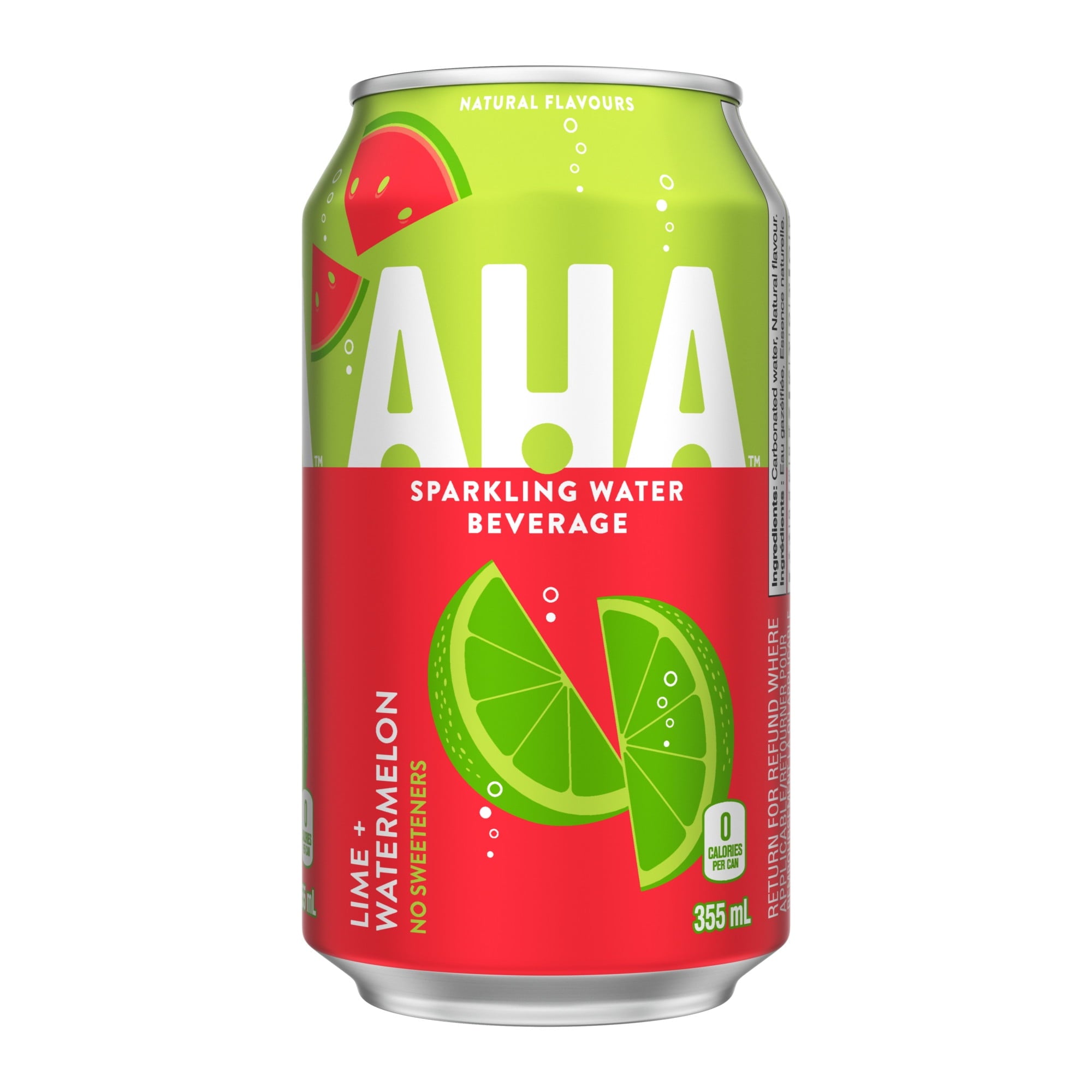 AHA sparkling water beverage can with lime and watermelon graphics on a white background