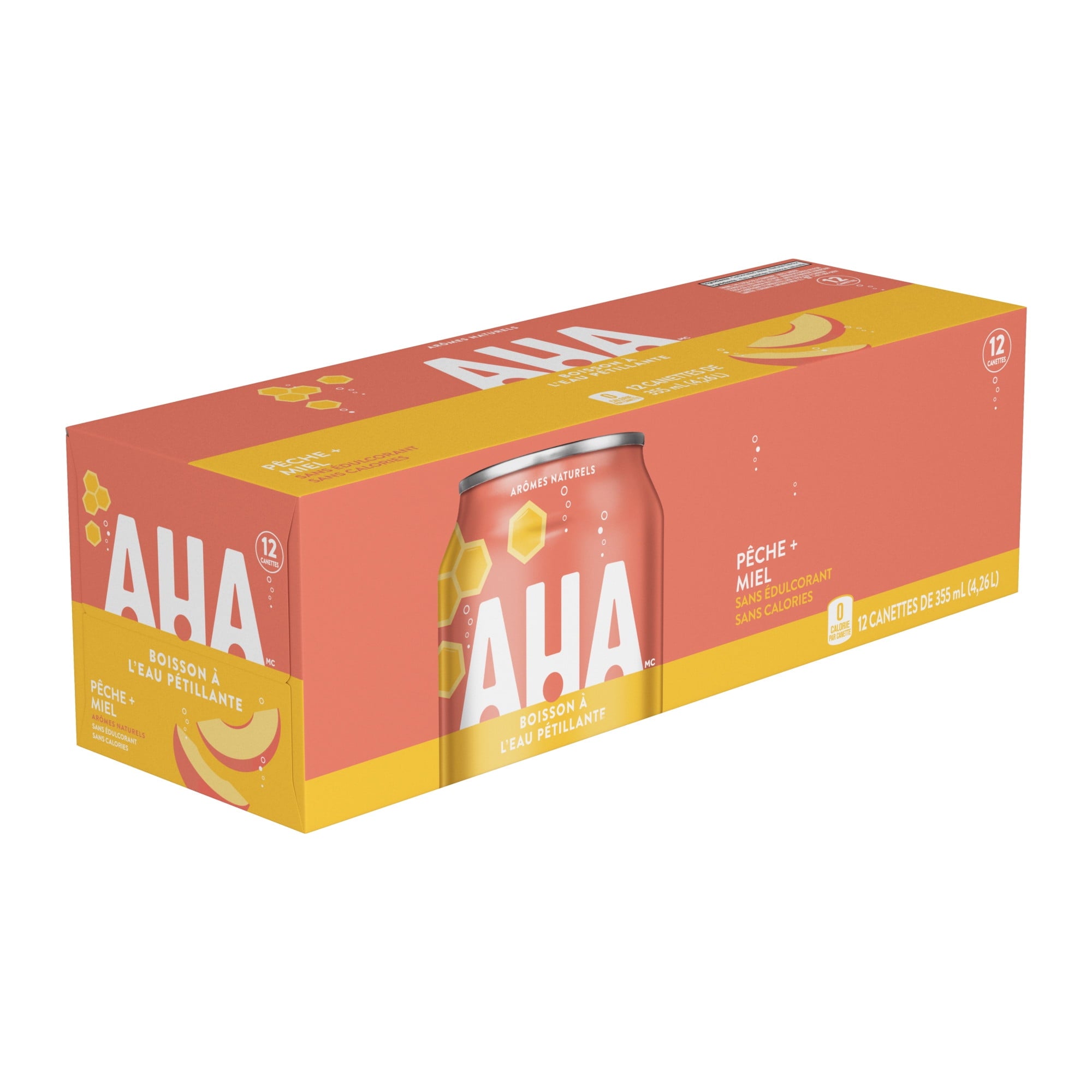 Box of AHA peach and honey-flavored drinks on a white background