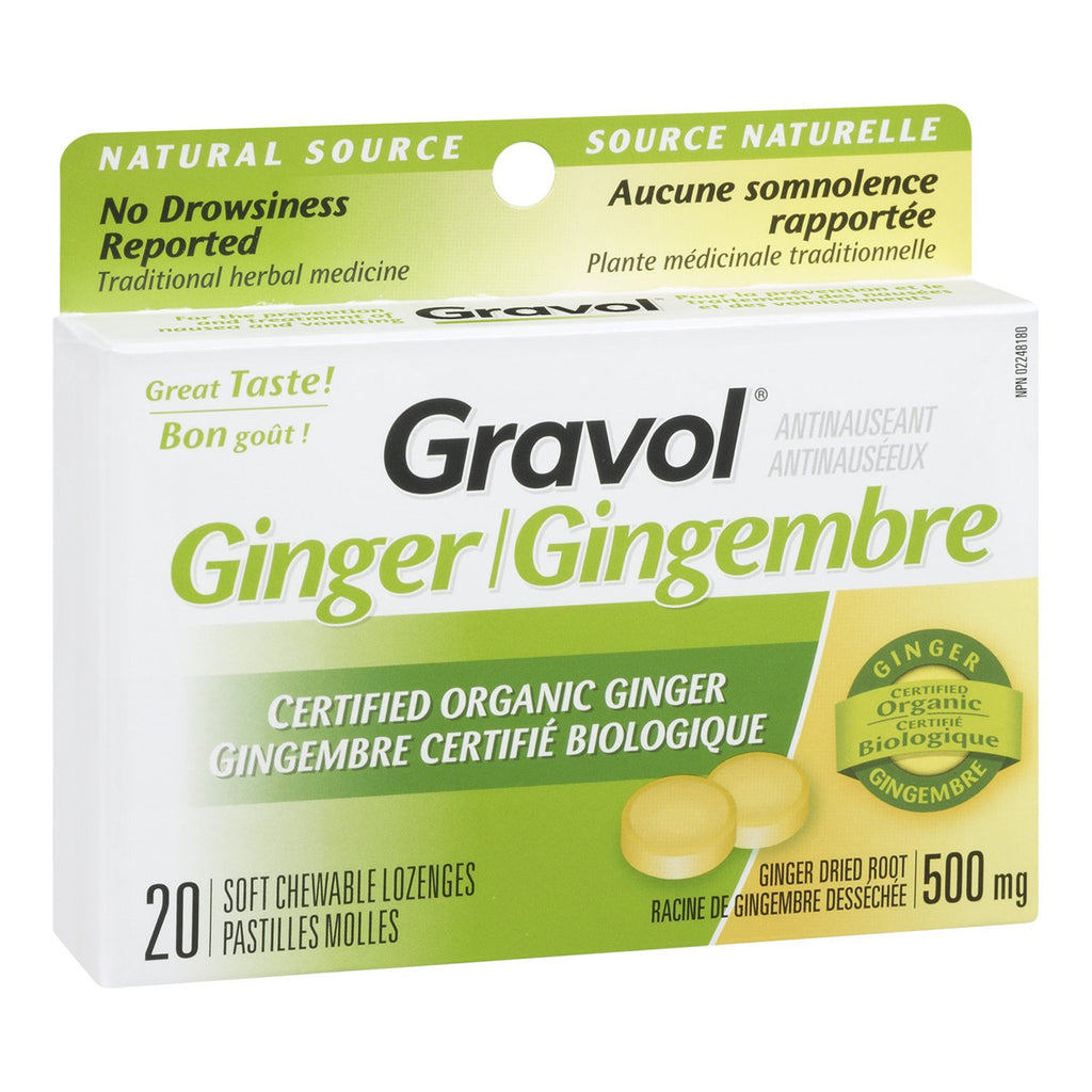 Certified Organic Ginger GRAVOL (20 Chewable Lozenges)500mg Antinauseant for NAUSEA, VOMITING & MOTION SICKNESS