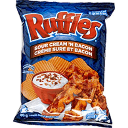 Frito Lay Ruffles Sour Cream & Bacon Chips, Vending Size Bags (48ct x 40g) Imported from Canada