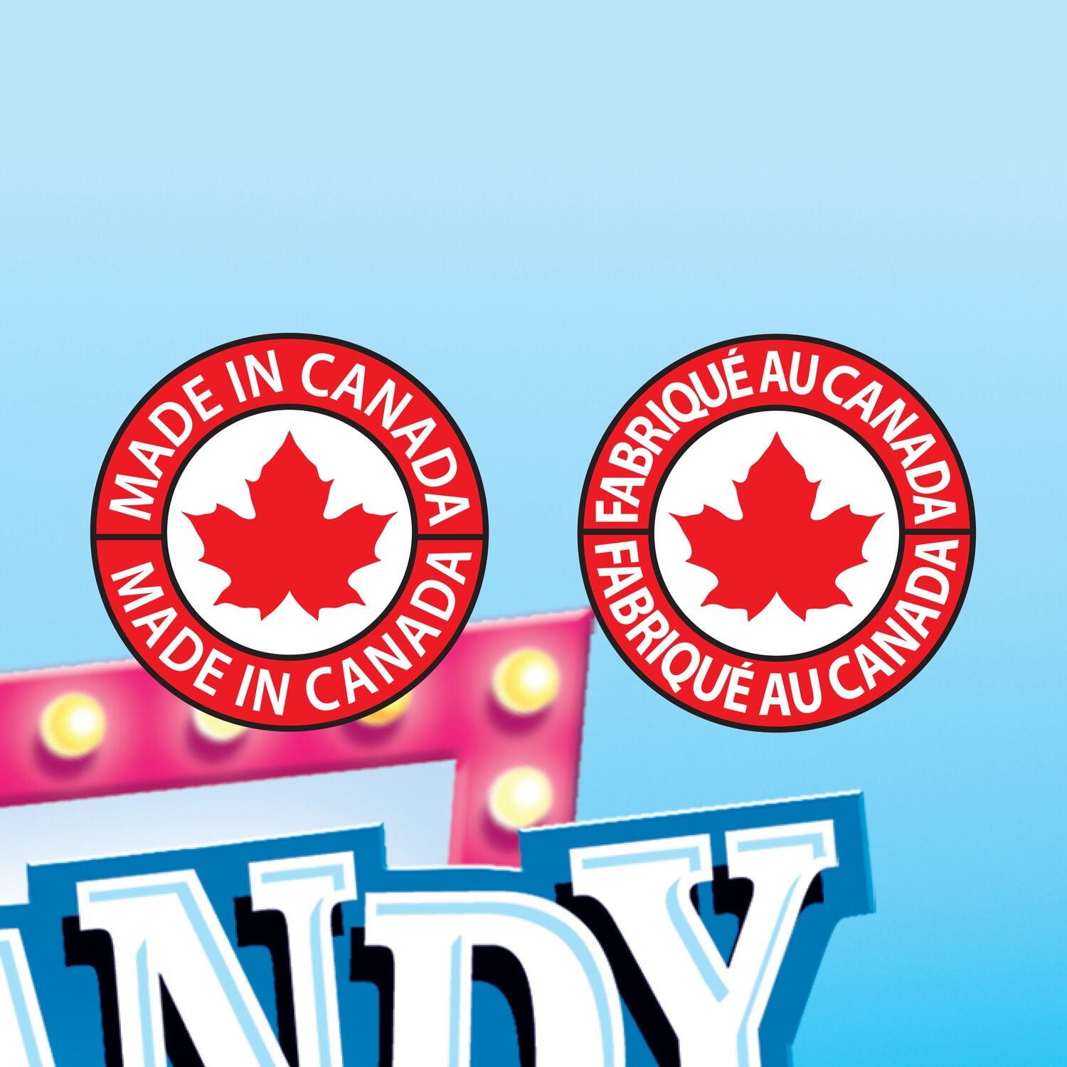 Two 'Made in Canada' logos on a blue background with a candy-themed design.