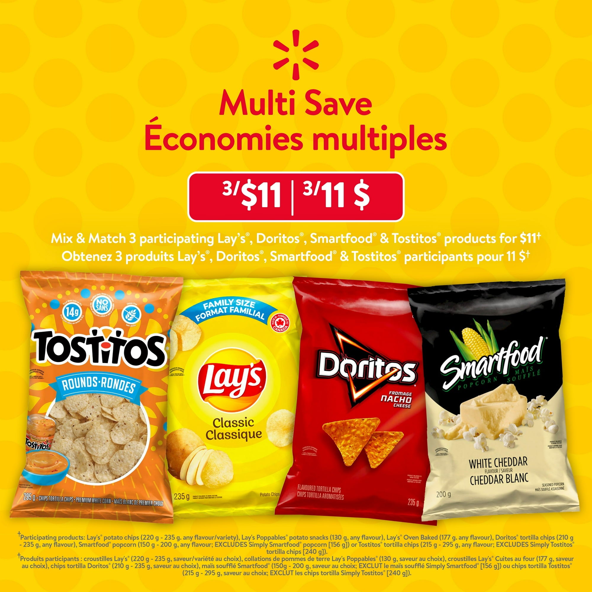 Promotional image of Lay's, Doritos, Tostitos, and Smartfood bags with a yellow background and Walmart branding.