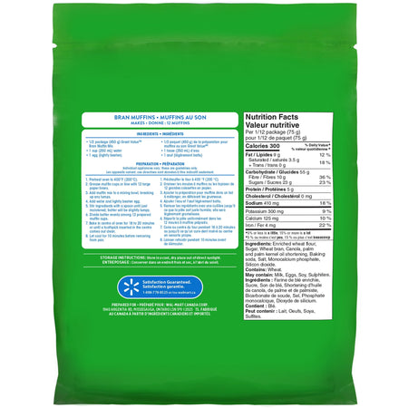 Back of Great Value Bran Muffin Mix, Makes 24 Muffins - 900g package on a white background