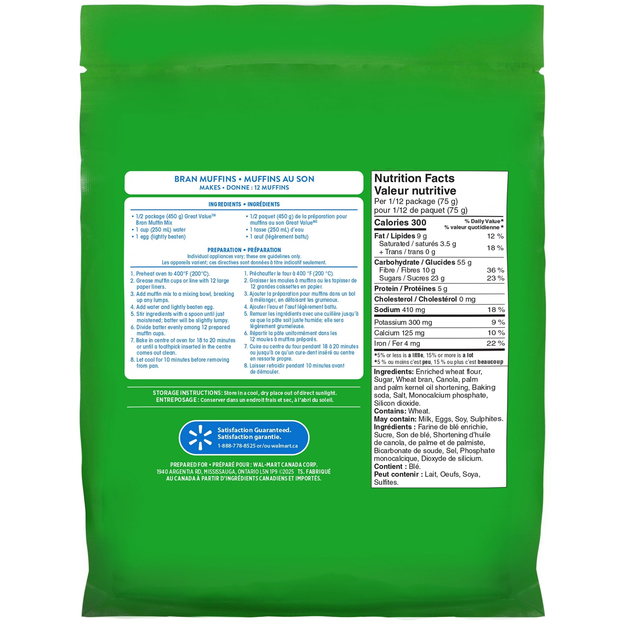 Back of a Great Value Bran Muffin Mix, Makes 24 Muffins - 900g package on a white background