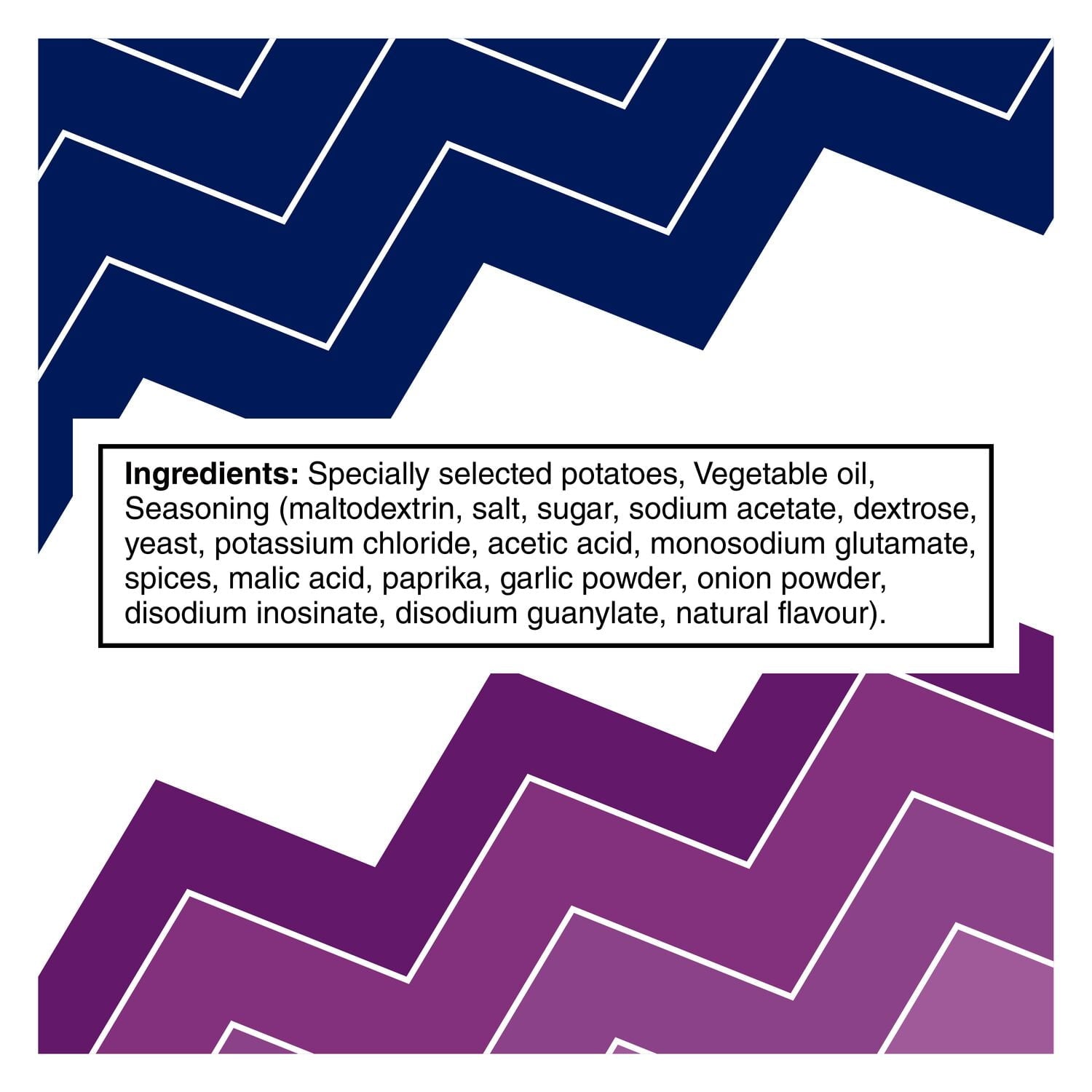 Ingredients list for Ruffles All Dressed Party Size Potato Chips, 380g/13.4 oz on a zigzag patterned background