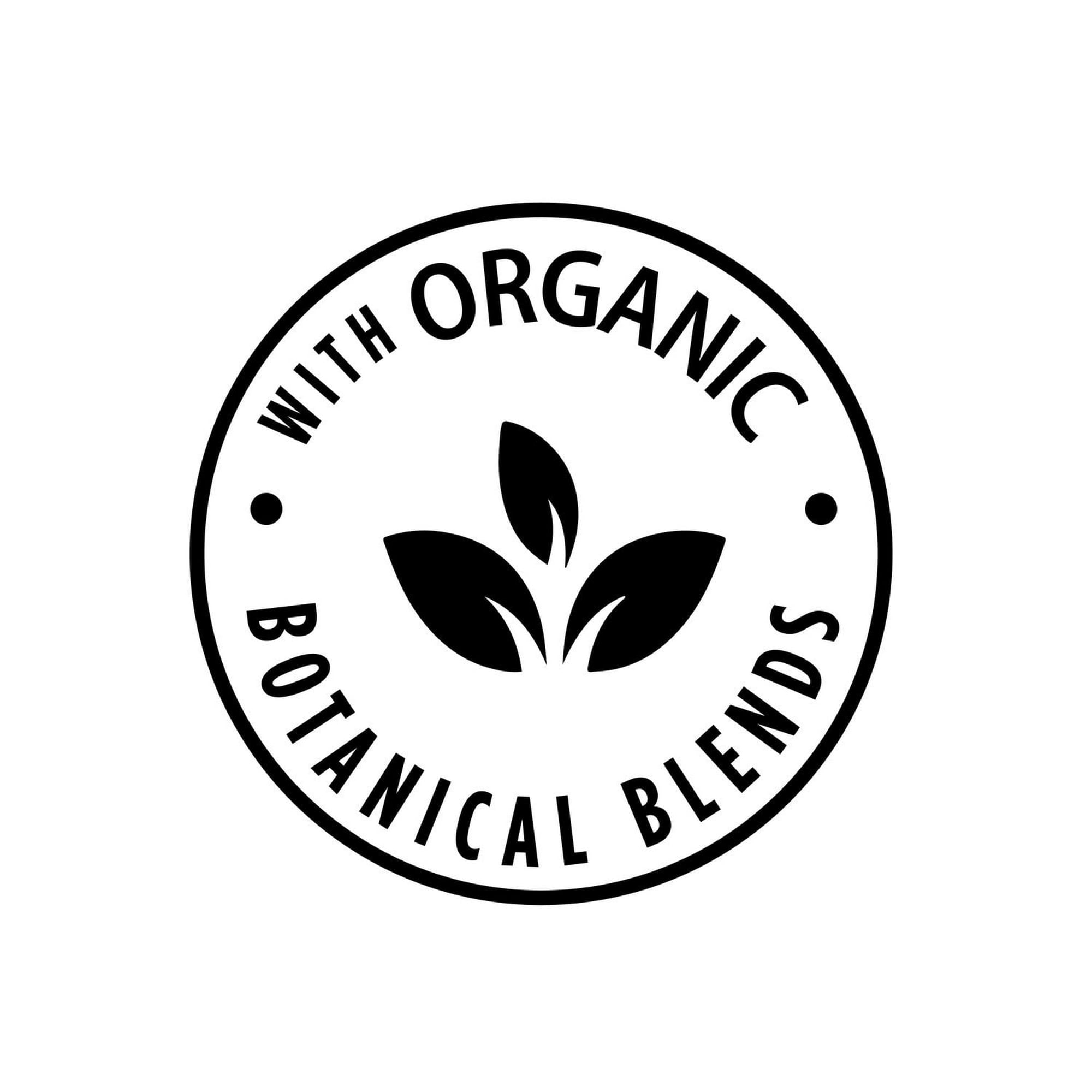 Logo with 'WITH ORGANIC BOTANICAL BLENDS' text and leaf design on a white background