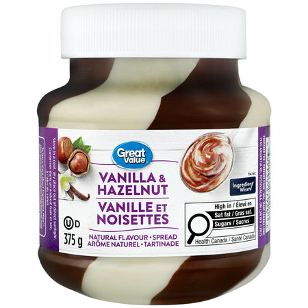 Great Value Vanilla & Hazelnut Spread, 375g/13.2 oz - Front of jar of Great Value Vanilla & Hazelnut spread with label on a white background