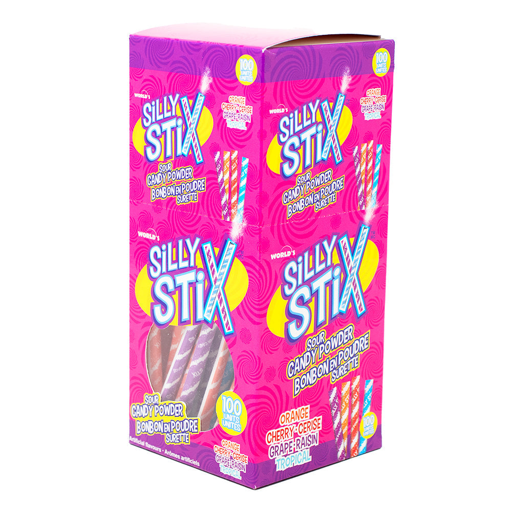 World's Sour Silly Stix, (100 Count), 186g, side of box.