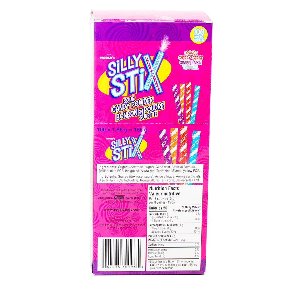 World's Sour Silly Stix, (100 Count), 186g, back of box.