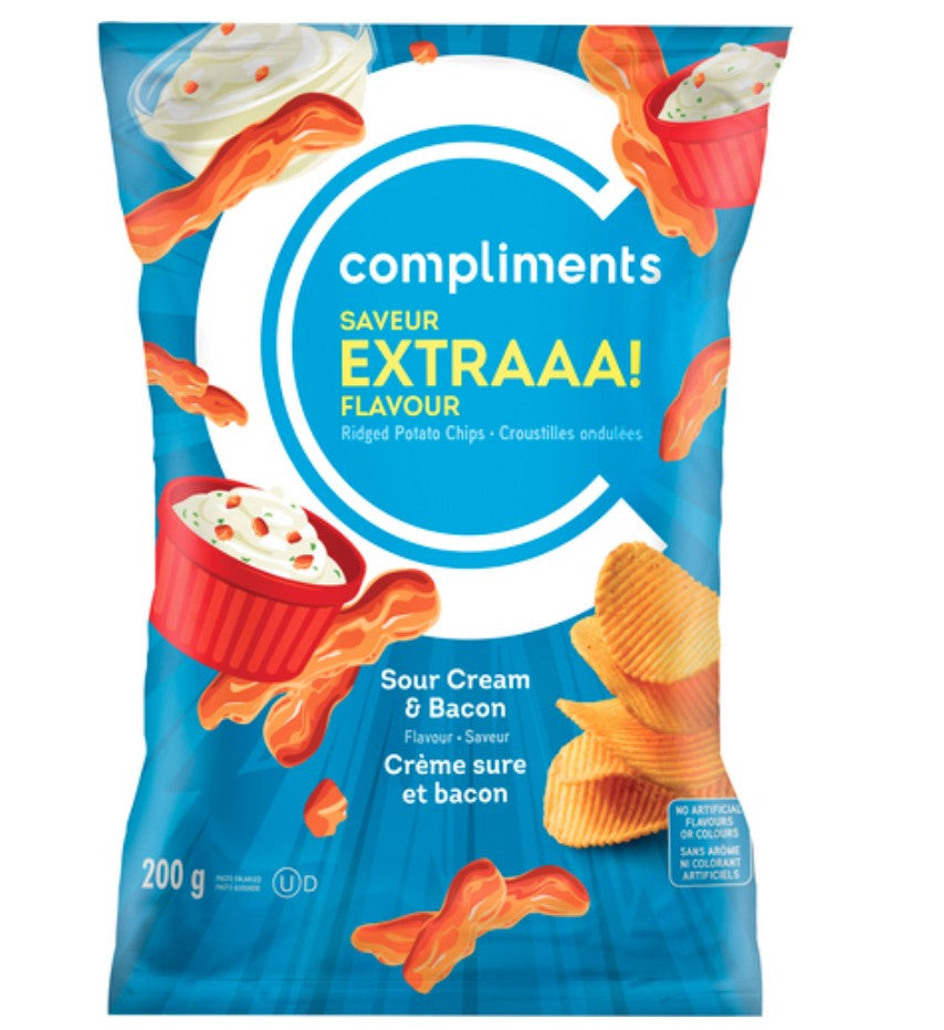 Compliments Sour Cream & Bacon Potato Chips, 200g/7.1 oz.Bag, {Imported from Canada}
