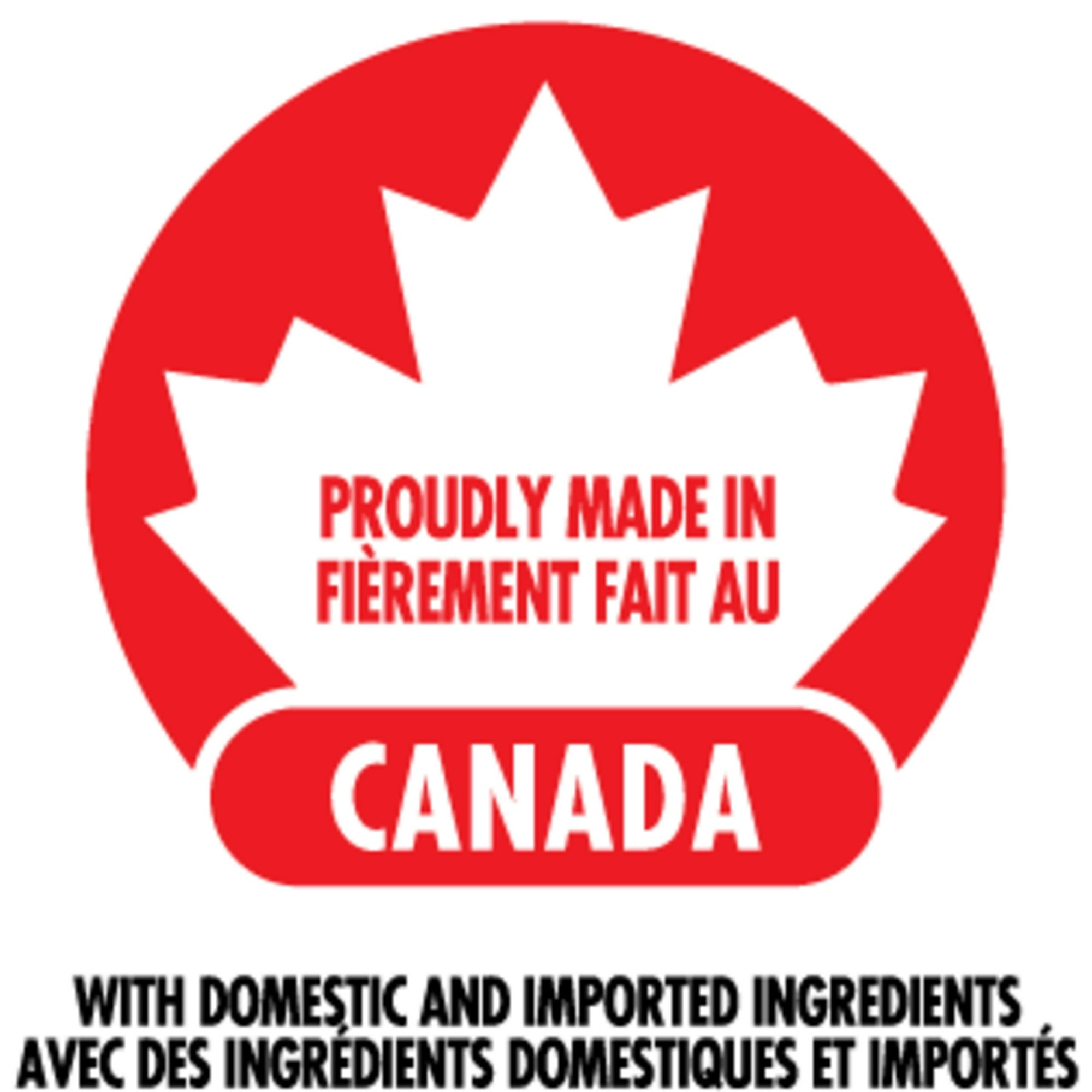 Logo with a red maple leaf and text 'Proudly Made in Canada' on a white background