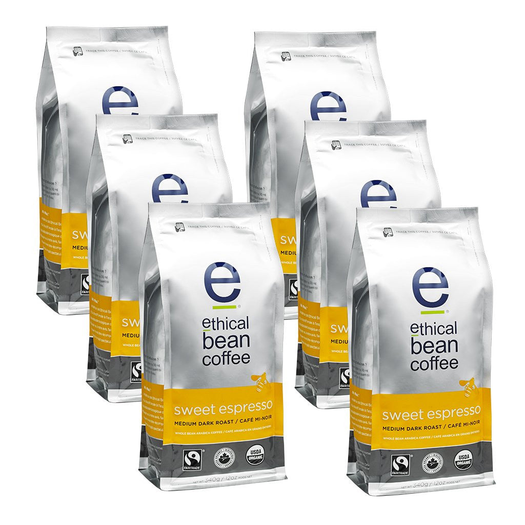 Ethical Bean Coffee Sweet Espresso: Medium Dark Roast Whole Bean, 340g/12oz. (6 pack)