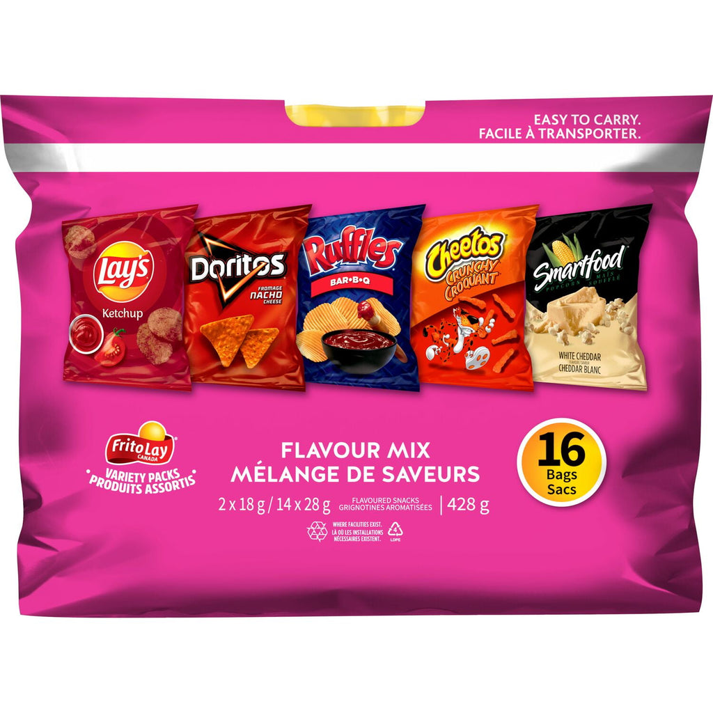 Frito-Lay Chips Variety Pack, Flavor Mix, Lays Ketchup, Doritos Original, Ruffles BBQ, Cheetos Crunchy, Smartfood White Cheddar (16ct x 28g), 448g, back of pack.