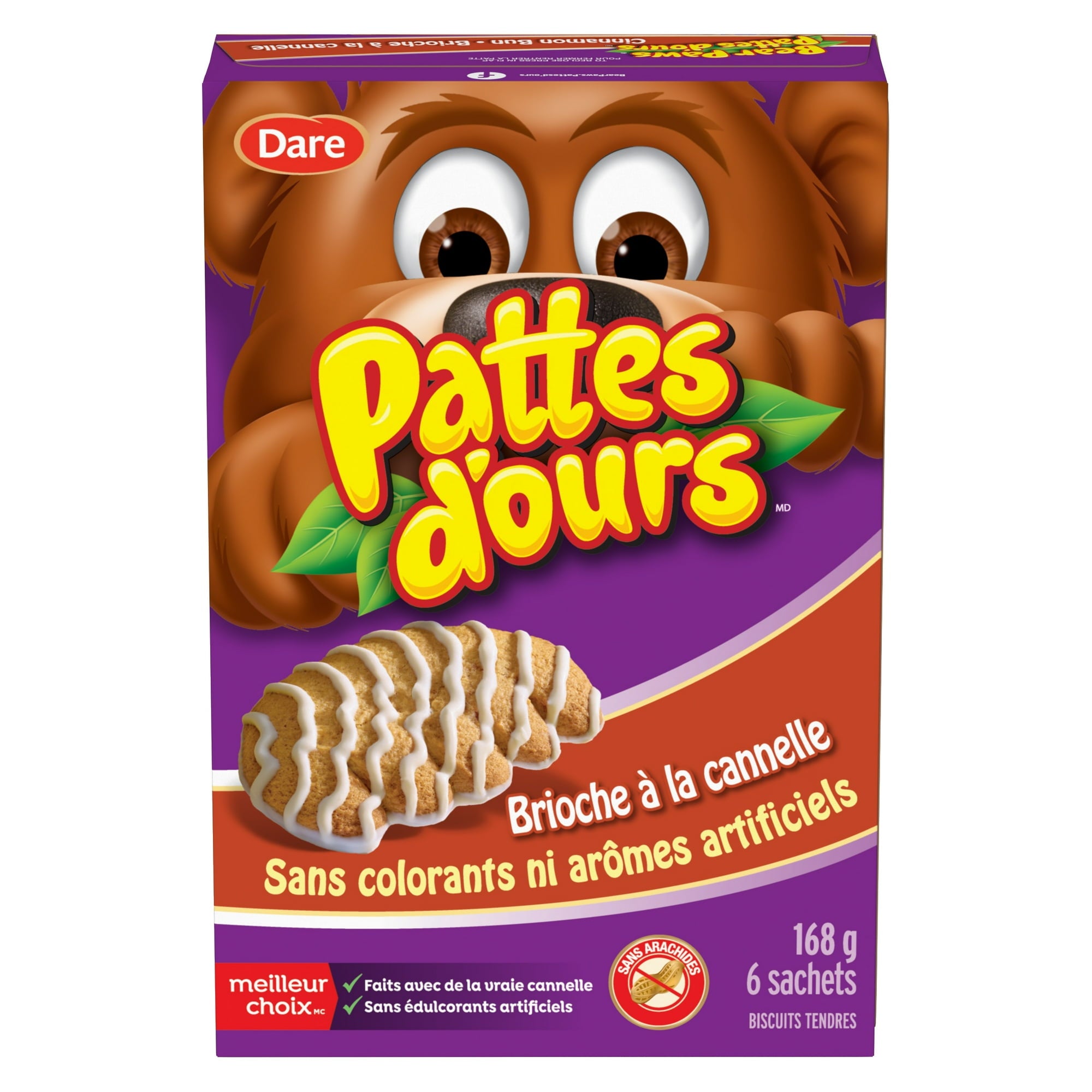 Box of Dare Bear Paws Cinnamon Bun Cookies, 168g/5.9 oz with a cartoon bear design on a white background