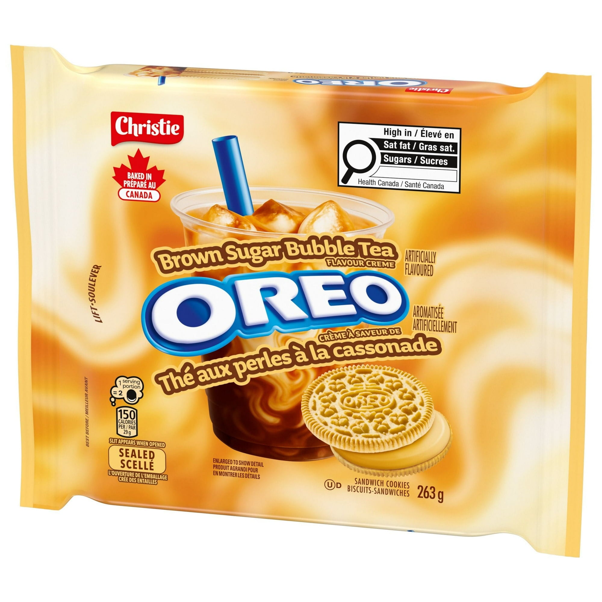 Oreo Brown Sugar Bubble Tea Sandwich Cookies package with Brown Sugar Bubble Tea flavor on a white background