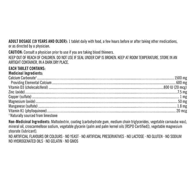 Kirkland Calcium Plus with Vitamin D3 & Minerals 600mg 500 Tablets {Imported from Canada}