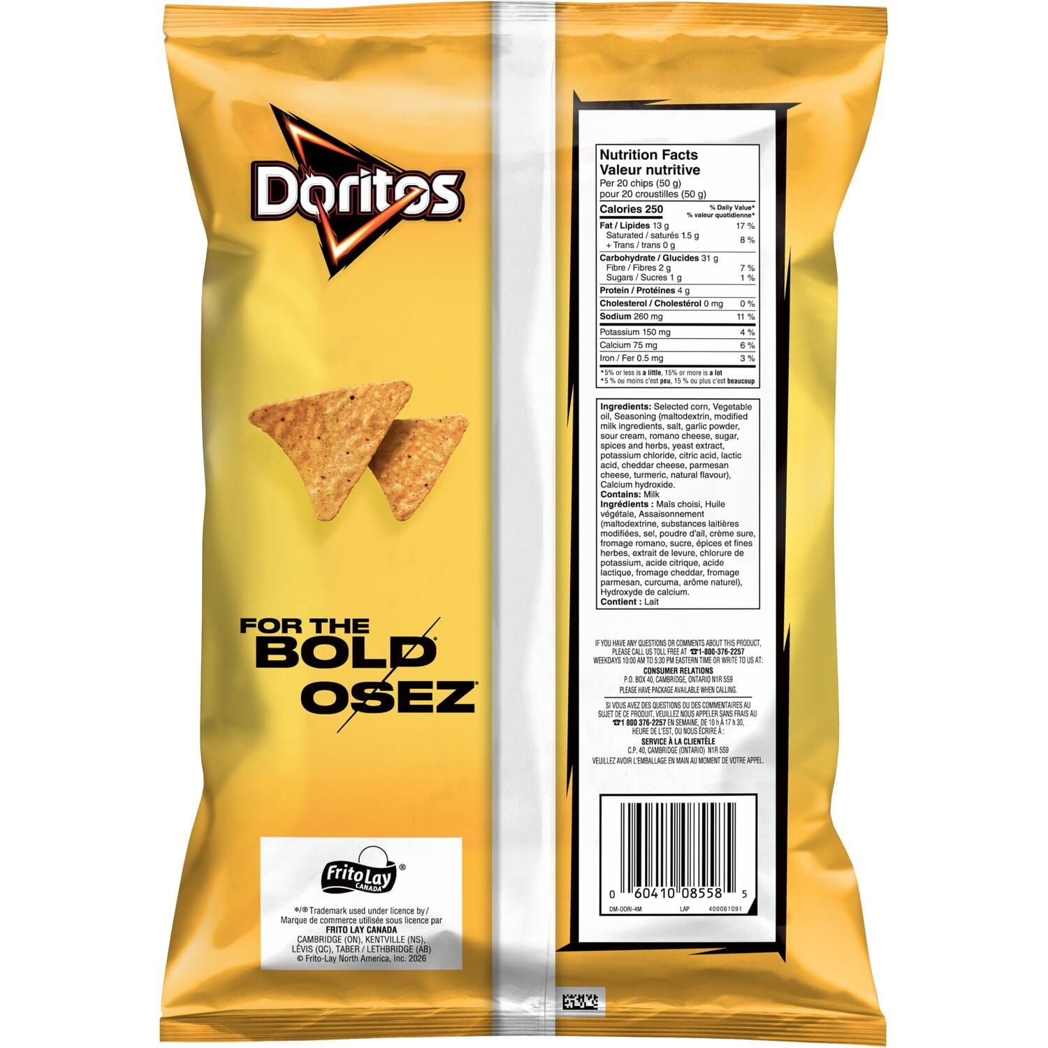 Doritos Ultimate Garlic Parm Flavored Tortilla Chips, 210g bag with nutritional information on a white background