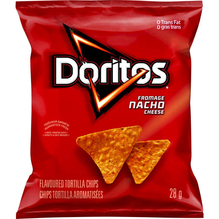 Frito-Lay Chips Variety Pack, Flavor Mix, Lays Ketchup, Doritos Original, Ruffles BBQ, Cheetos Crunchy, Smartfood White Cheddar (16ct x 28g), 448g, front of Doritos nacho bag, 28g.