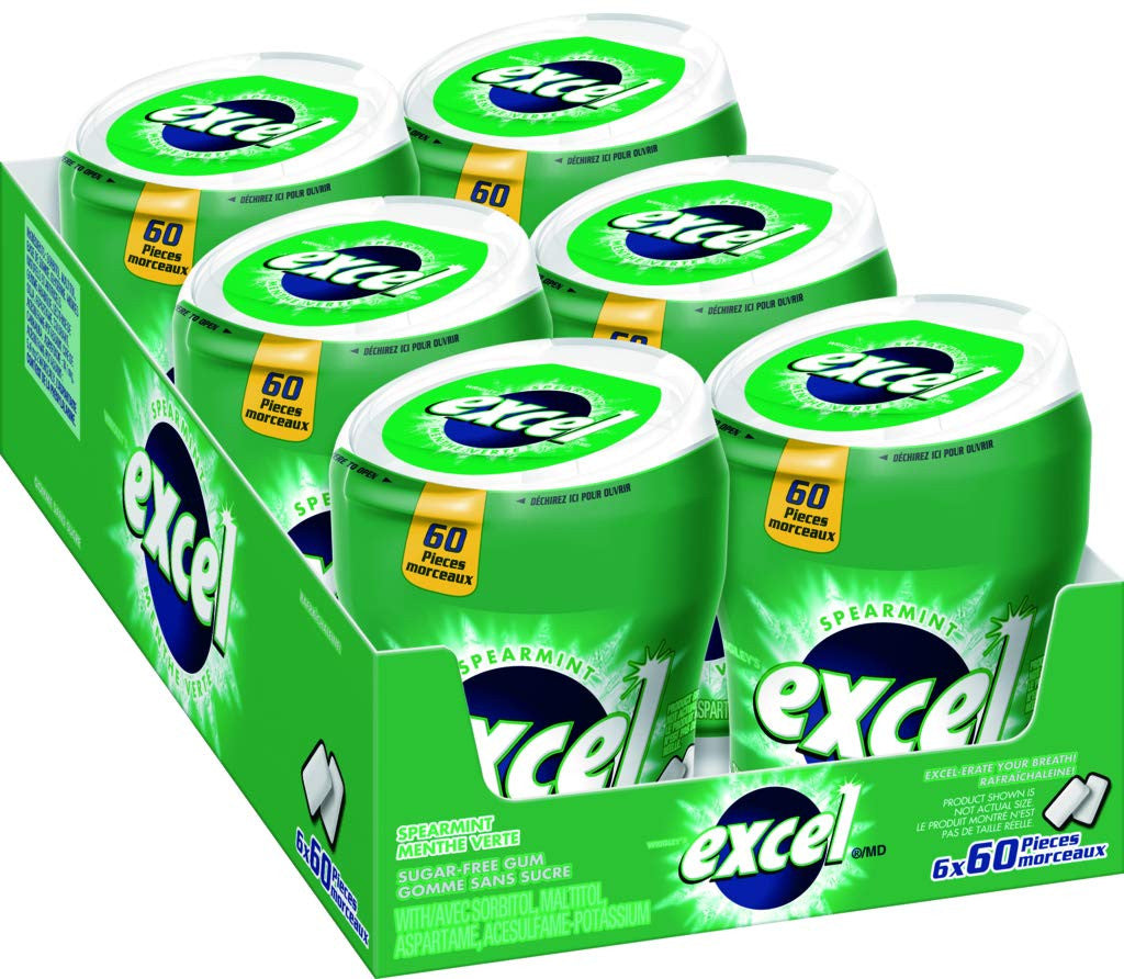 Excel Sugar-Free Gum, Spearmint, 6x60ct, 360 Pieces {Imported from Canada}