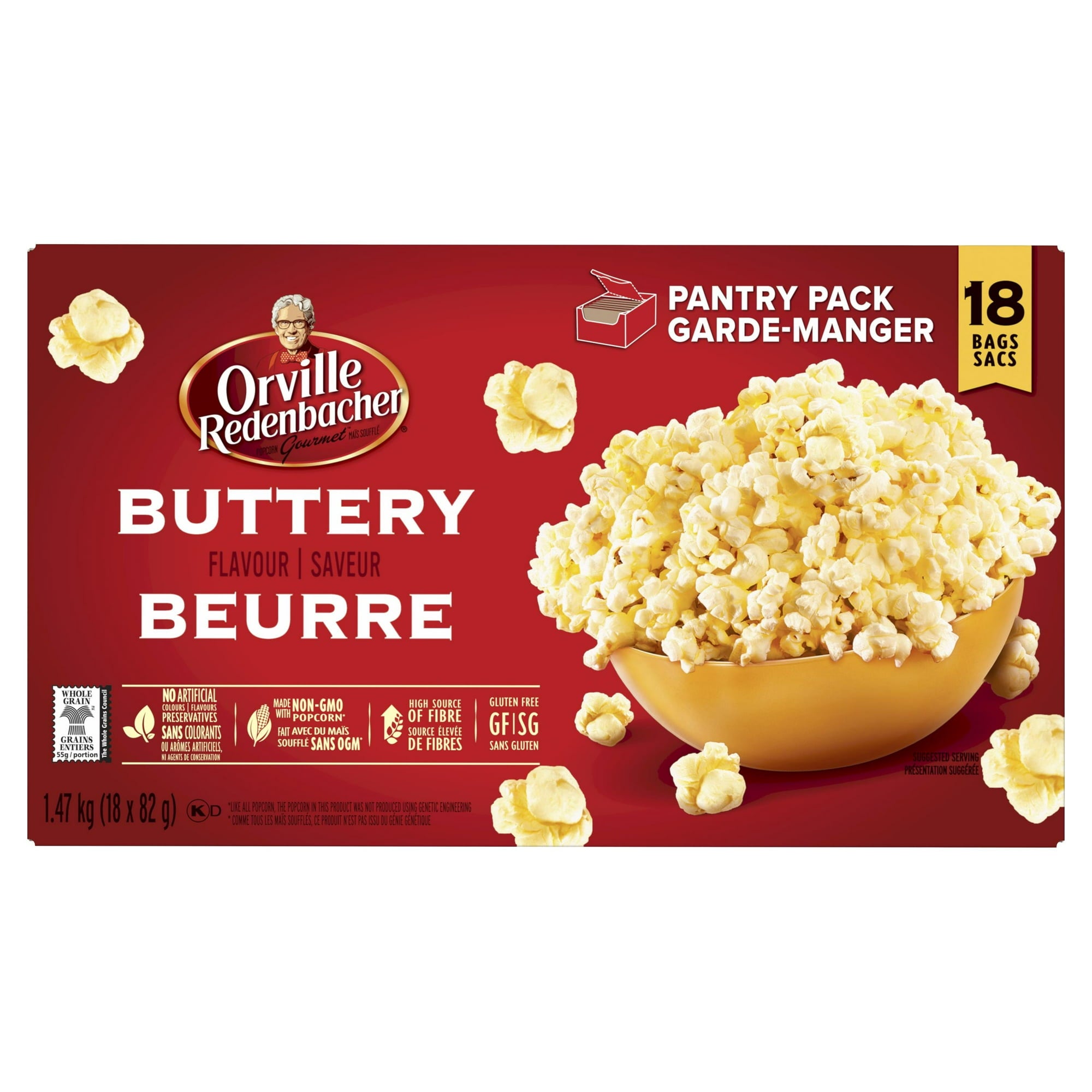 Orville Redenbacher Buttery Popcorn, Microwave Popping Corn Bags, 18pk, 1.47kg, front of box.