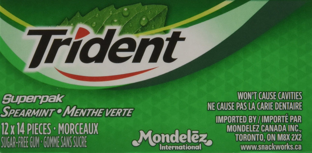 Trident Spearmint Sugar Free Gum, 12ct x 14pcs, (Imported from Canada)