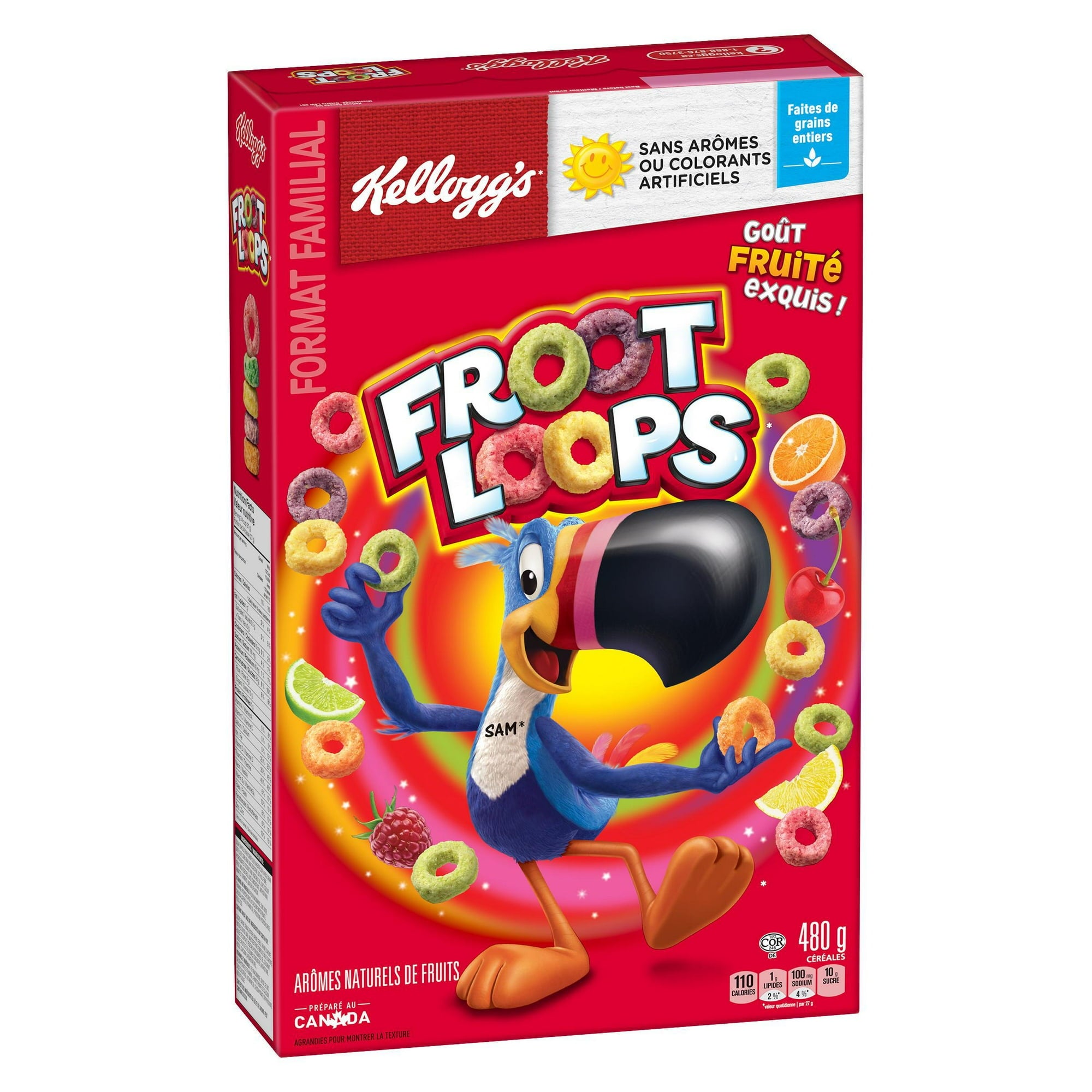 Front of Kellogg's Froot Loops Cereal, Family Size, 480g/1.06 lb., Box