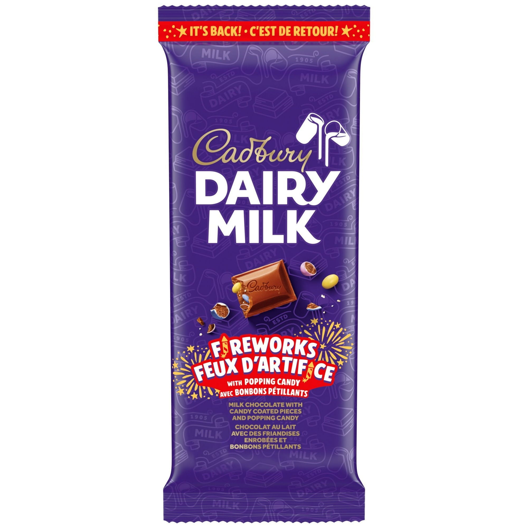 Cadbury Dairy Milk chocolate bar packaging with fireworks design on a white background