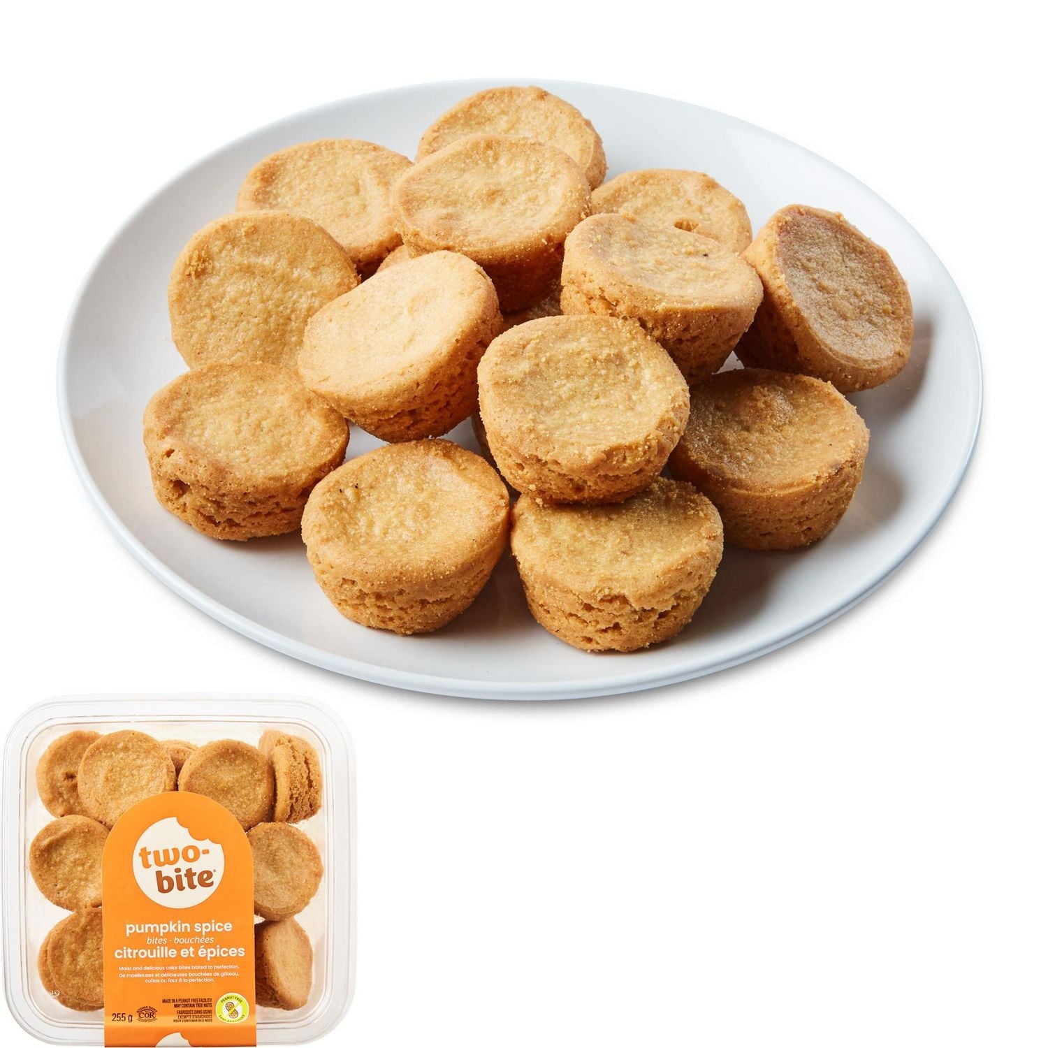 Plate of two-bite pumpkin spice bites with a container of Two-Bite Pumpkin Spice Bites below on a white background