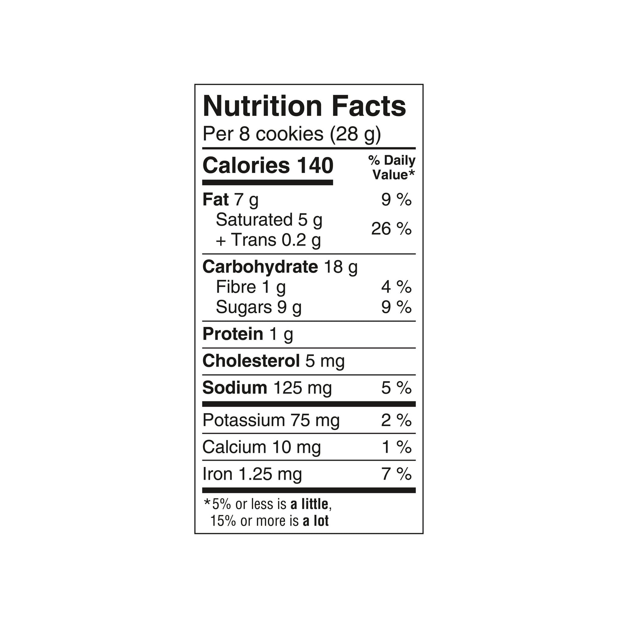 Nutrition facts label for Leclerc Celebration Double Chocolate Mini Cookies, 200g/7.05 oz on a white background