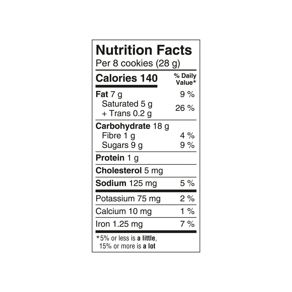 Nutrition facts label for Leclerc Celebration Double Chocolate Mini Cookies, 200g/7.05 oz on a white background
