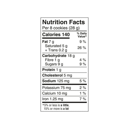 Nutrition facts label for Leclerc Celebration Double Chocolate Mini Cookies, 200g/7.05 oz on a white background