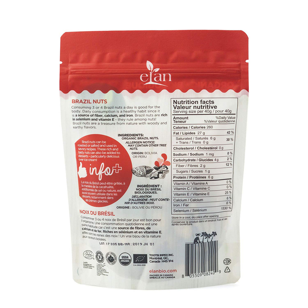 ELAN Organic Raw Brazil Nuts, 185g/6.5oz., {Imported from Canada}