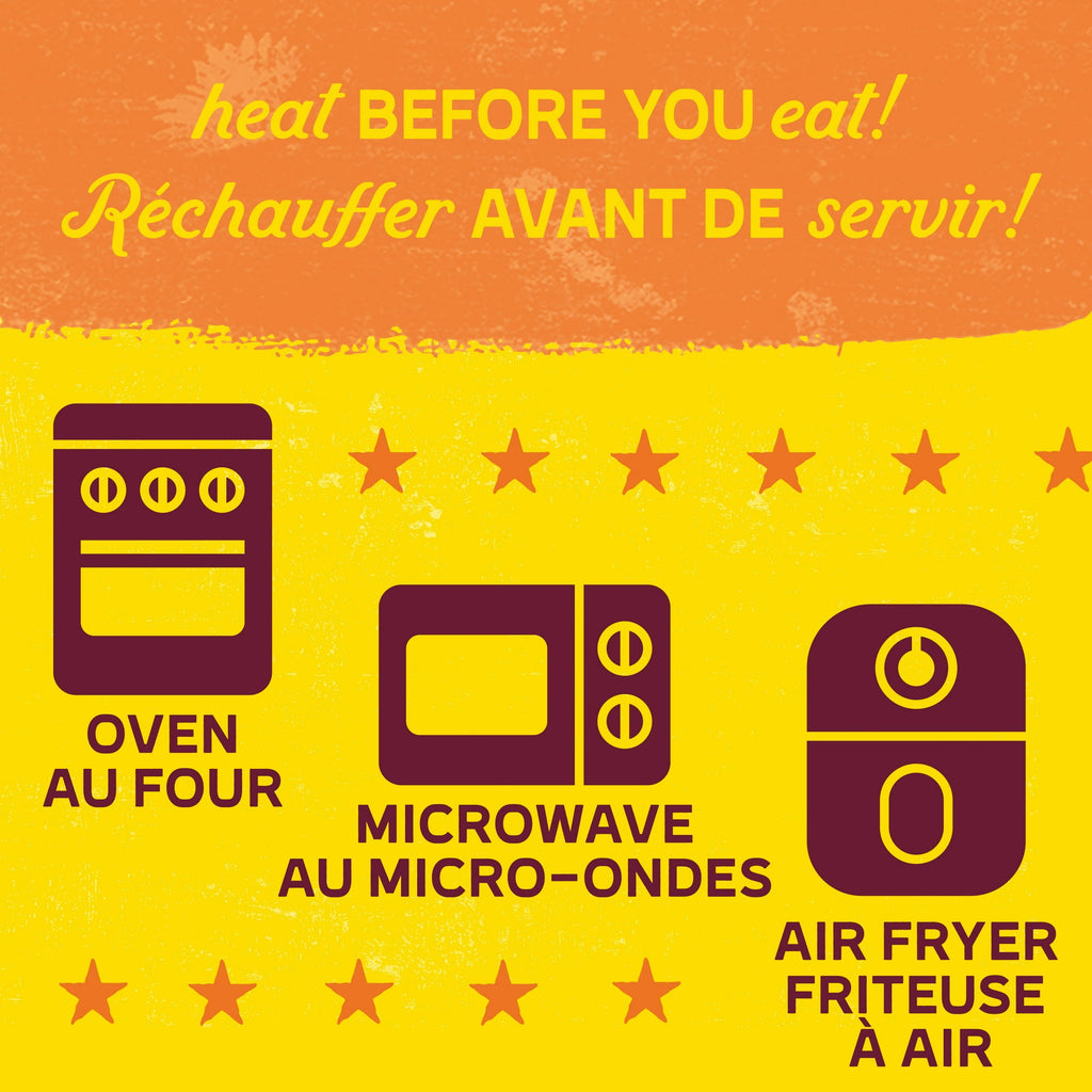 Instructions for reheating Old El Paso Gluten Free Bold Nacho Cheese Taco Shells with icons and text on a yellow and orange background