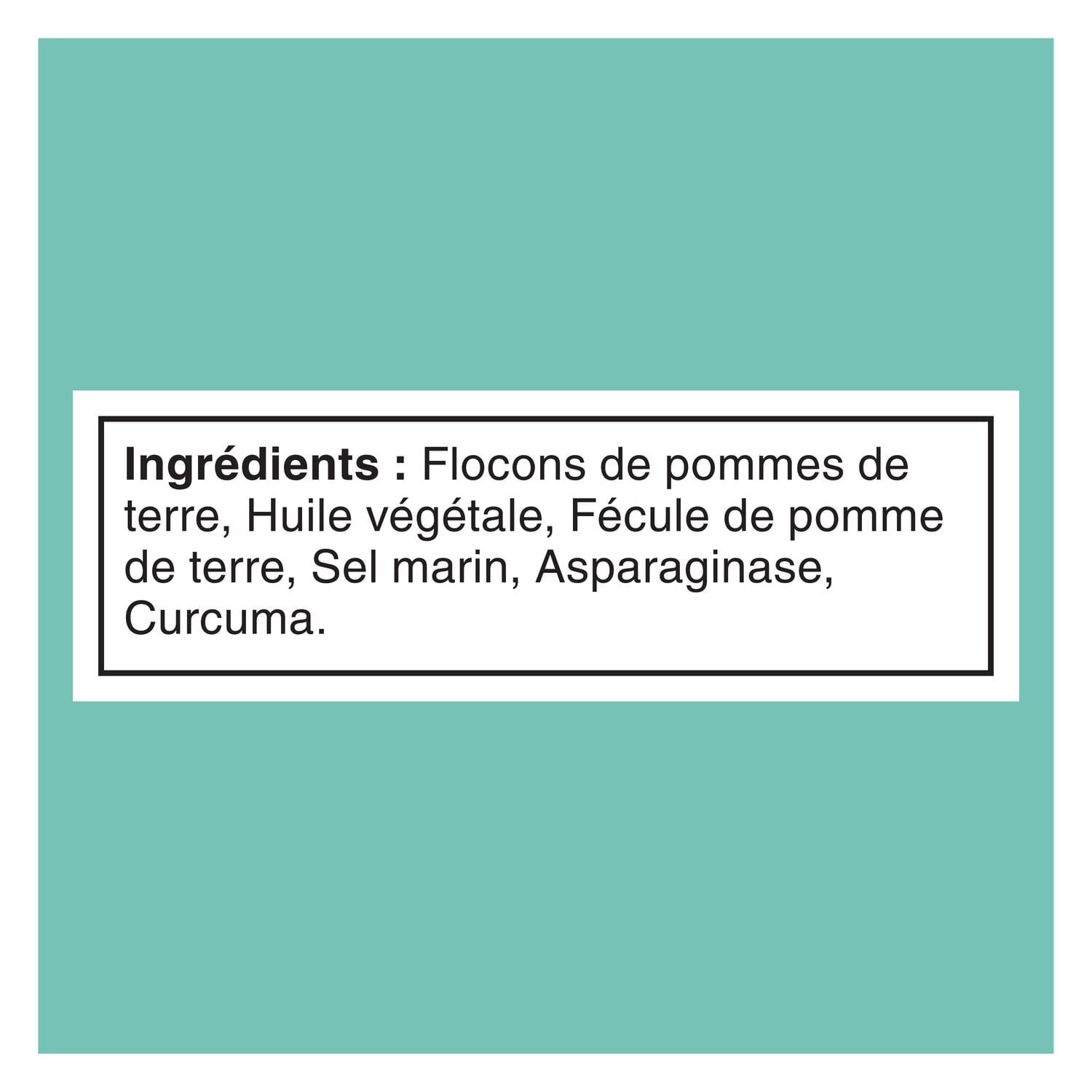 List of ingredients in french for Lay's Poppables Sea Salt Potato Snack - 200g on a green background