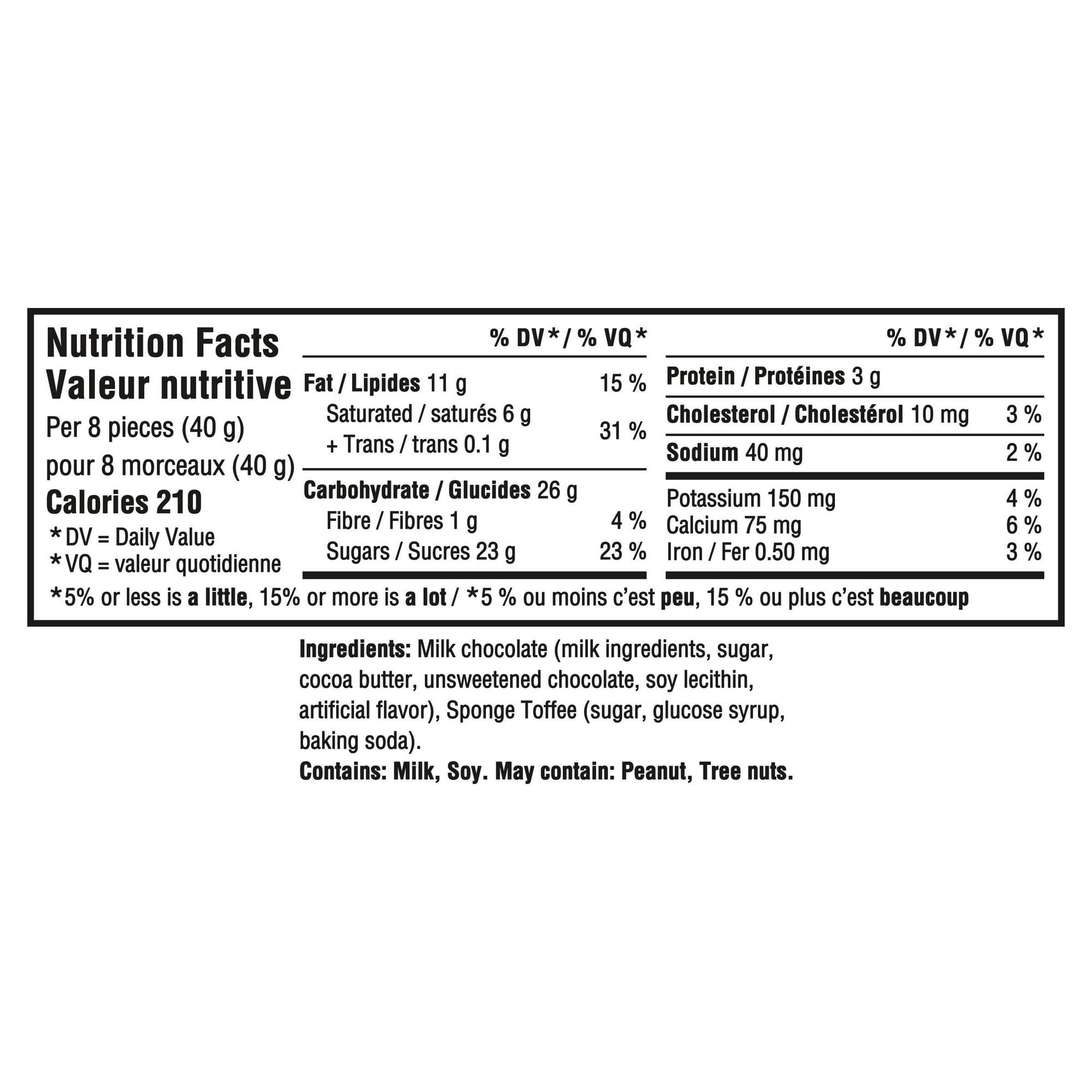 Nutrition facts label for Cadbury Dairy Milk Crunchie Milk Chocolate Bar on a white background