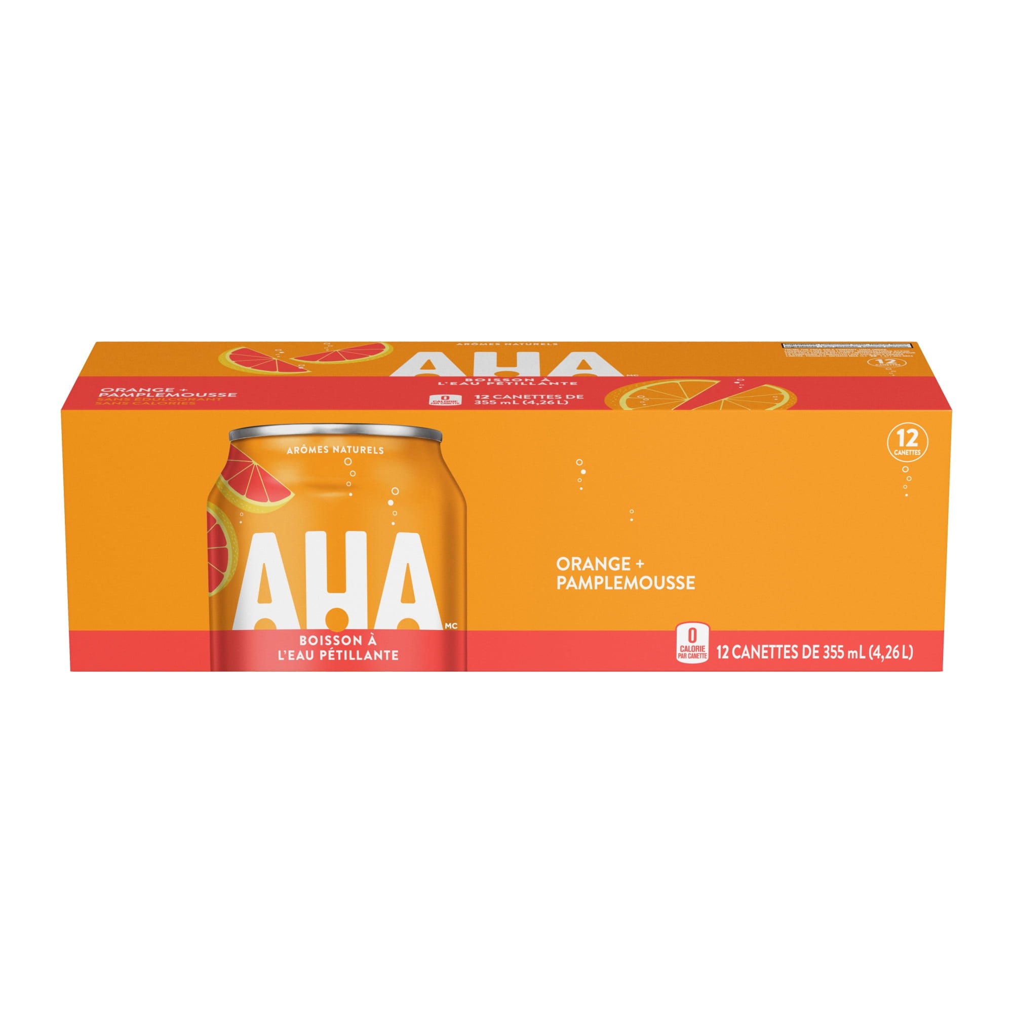 Box of AHA orange sparkling water with a can on an orange background