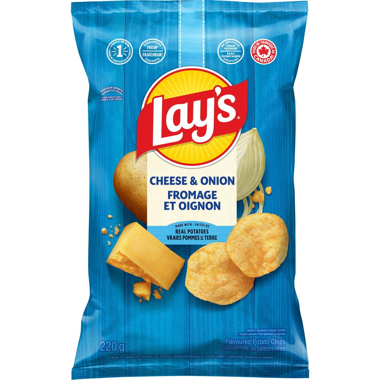Lay's Cheese & Onion potato chips, 220g packaging on a white background