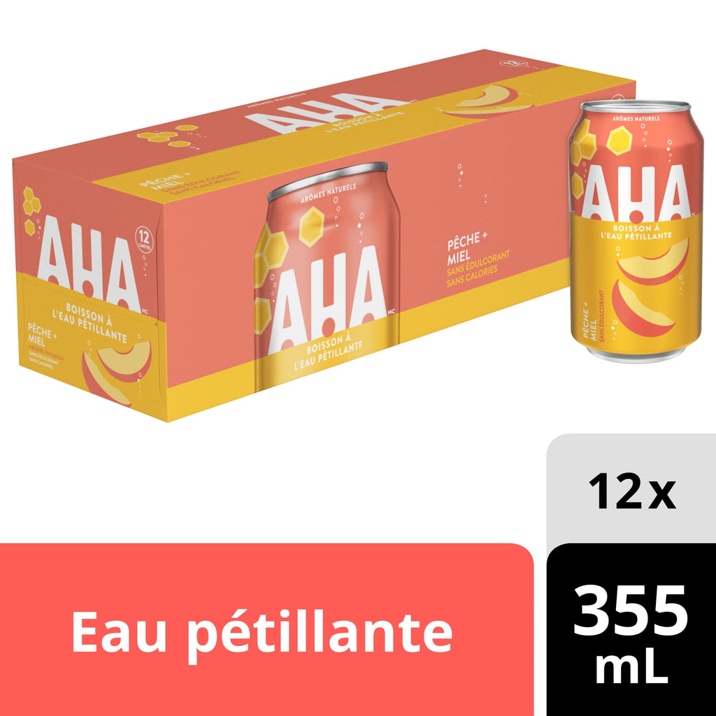 Packaging of AHA sparkling water with a can on a white background