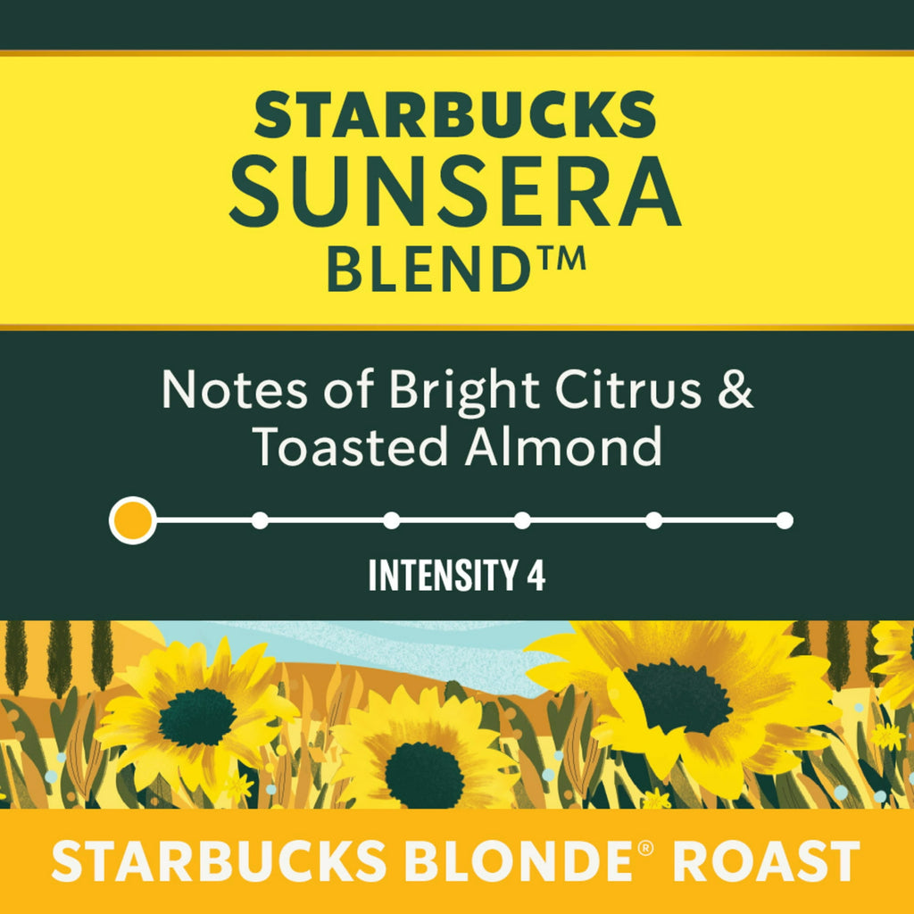 Starbucks Sunsera Blend coffee packaging with sunflowers and text about flavor profile and roast.