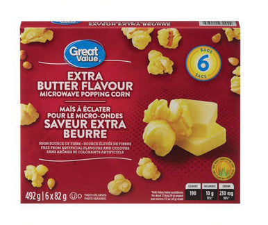 Great Value Extra Butter Flavour Microwave Popping Corn, (6 bags x 82g/2.9 oz.) {Imported from Canada}